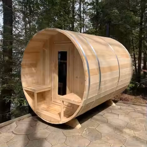 Luxury Outdoor Barrel Sauna with Panoramic Acrylic Dome Front
