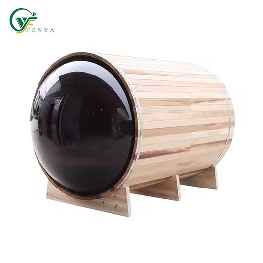 Luxury Outdoor Barrel Sauna with Panoramic Acrylic Dome Front