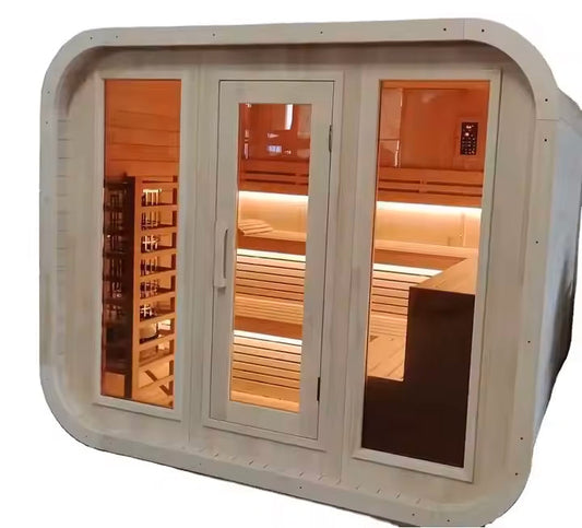 Modern Outdoor Square Sauna with Full Glass Front, LED Lighting & Smart Control